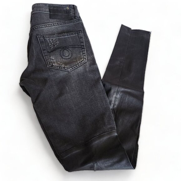 R13 Japanese Denim Knee Chaps‎ Shredded Black Leather Sz 24 Style R13wm0040-69 - Picture 2 of 14